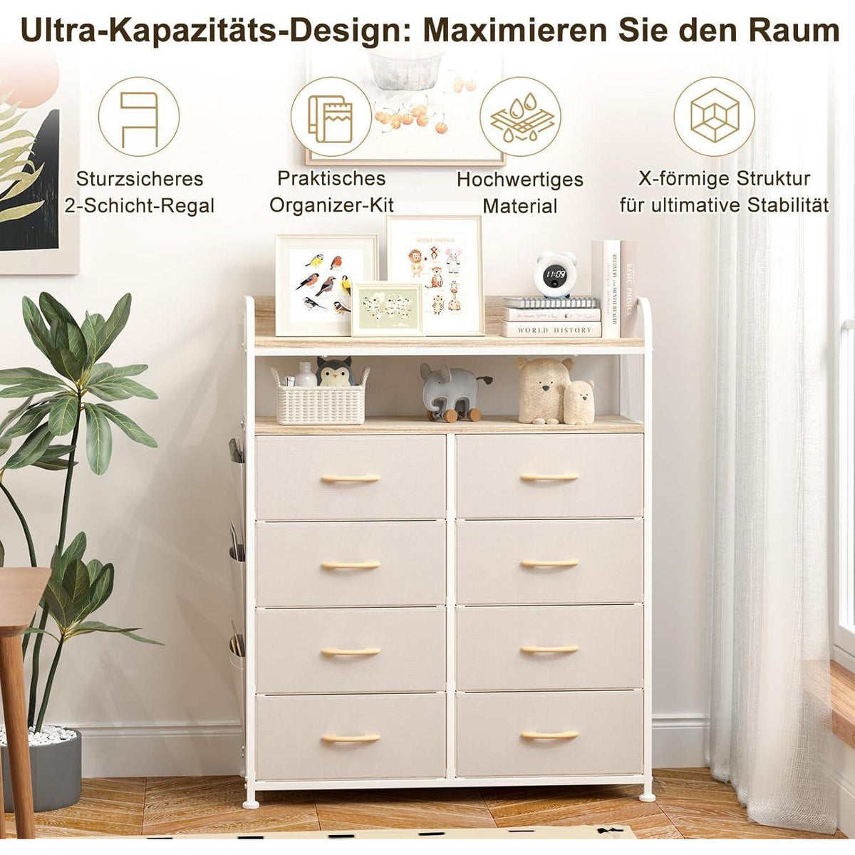 Kommode mit 8 Schubladen & Regal – Beige Aufbewahrungsmöbel