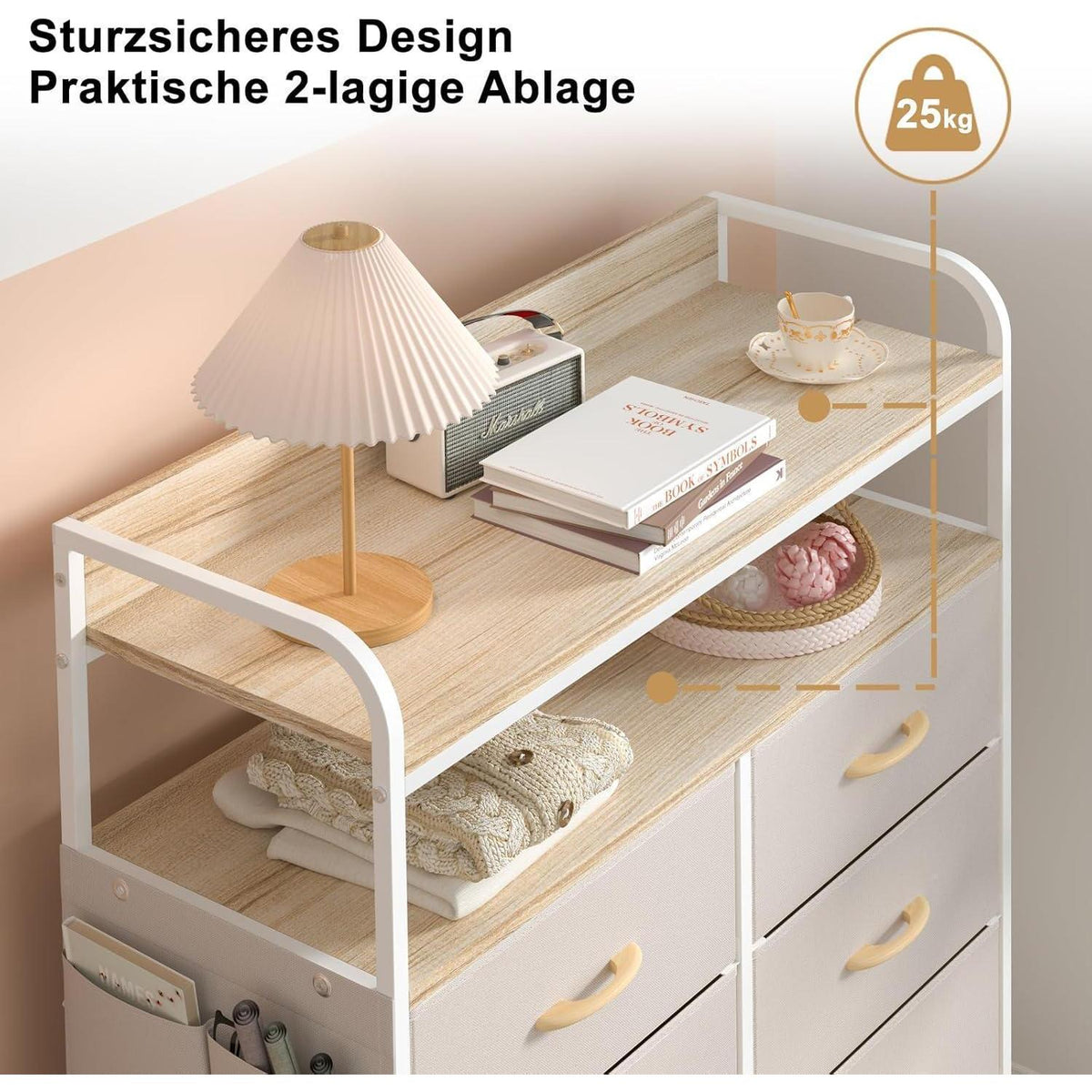 Kommode mit 8 Schubladen & Regal – Beige Aufbewahrungsmöbel