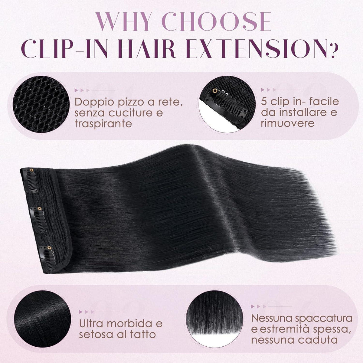 Echthaar Clip-in Extension #1 Lackschwarz 60cm