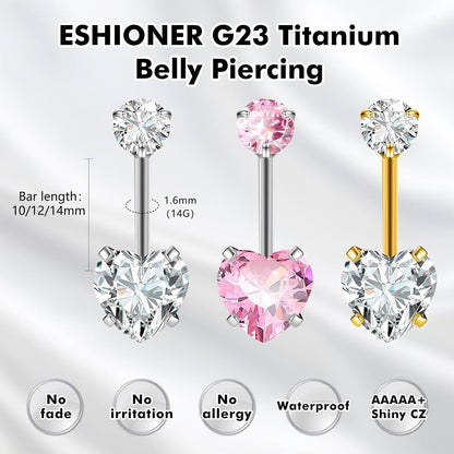G23 Titan Bauchnabelpiercing 14G Rosa Herz 10mm