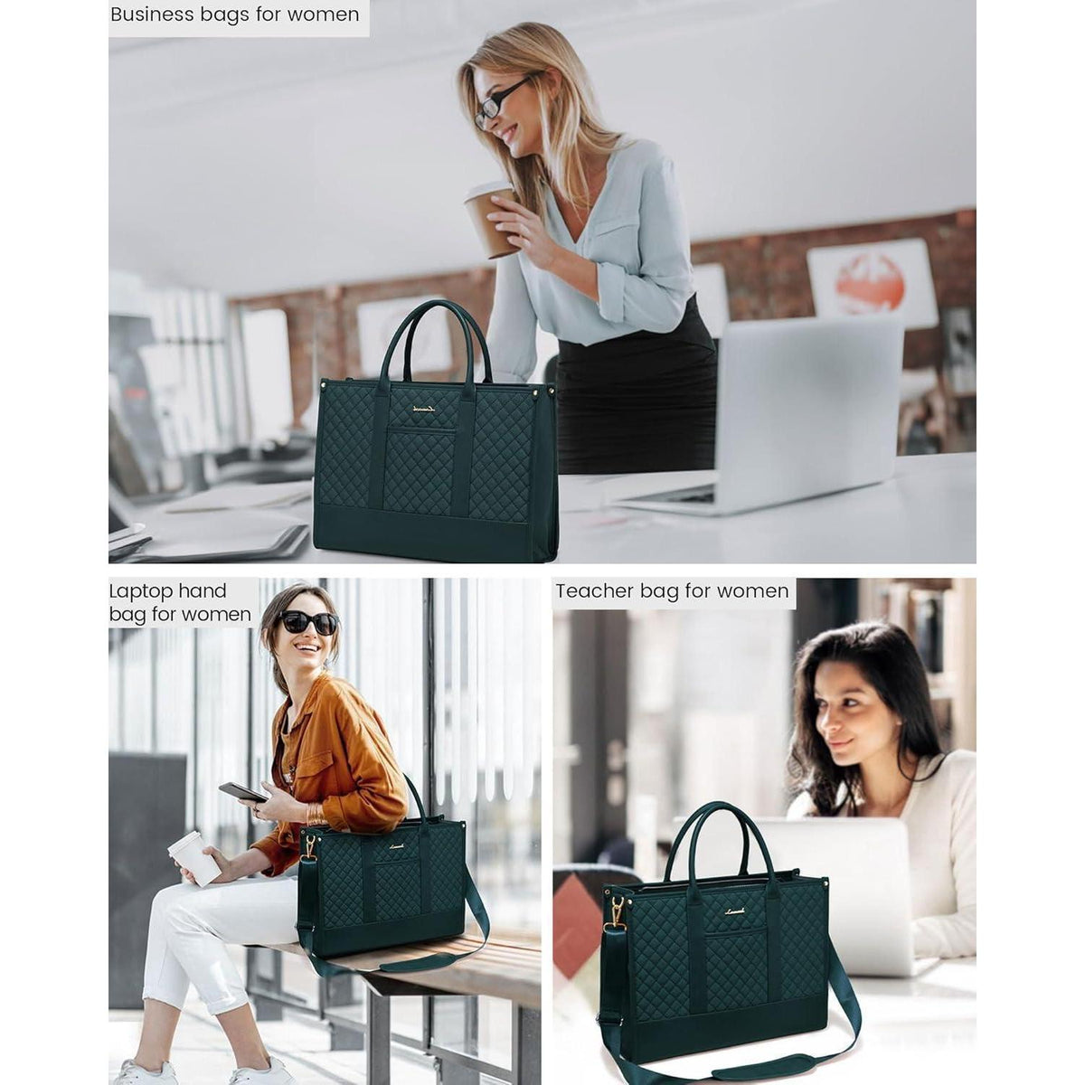 Laptoptasche Damen 17 Zoll, wasserdicht, Kunstleder, dunkelgrün