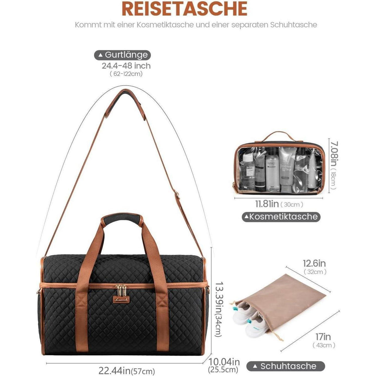 Große Reisetasche mit vielen Fächern, Weekender Handgepäck XL Schwarz+braun