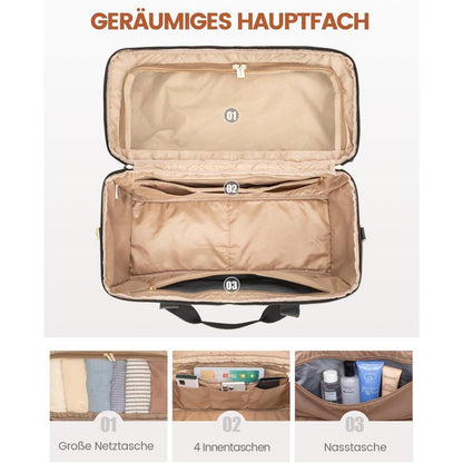 Große Reisetasche mit vielen Fächern, Weekender Handgepäck XL Schwarz+braun