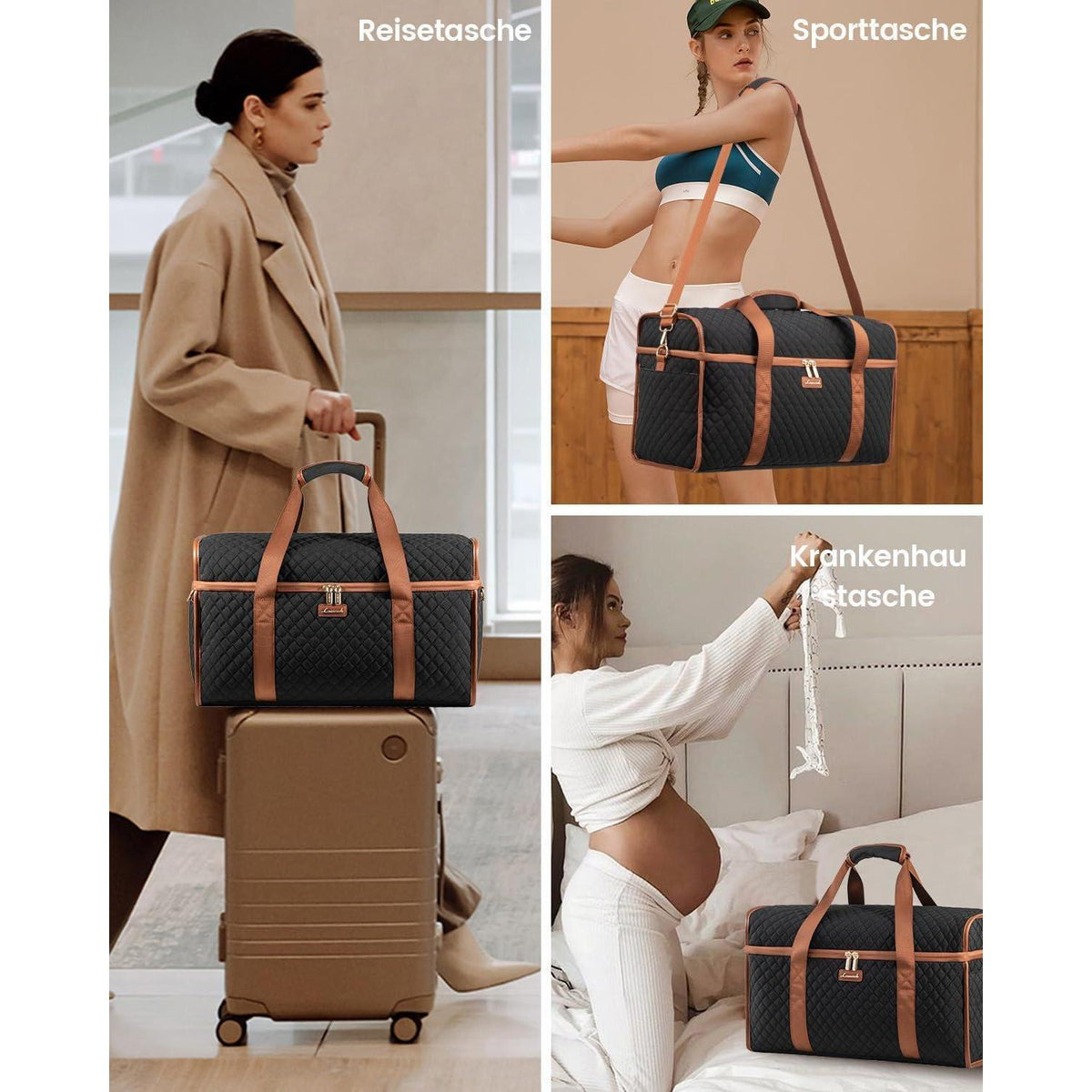 Große Reisetasche mit vielen Fächern, Weekender Handgepäck XL Schwarz+braun