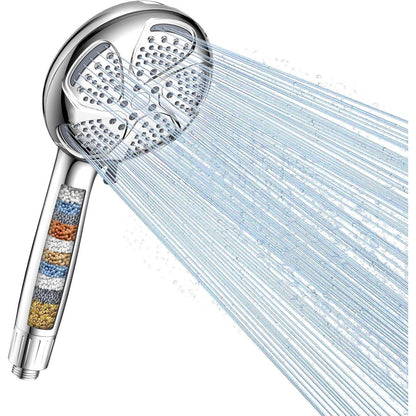 Duschkopf mit Filter, 7 Strahlarten, Hochdruck, Wassersparend, Silber
