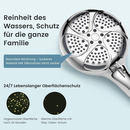 Duschkopf mit Filter, 7 Strahlarten, Hochdruck, Wassersparend, Silber