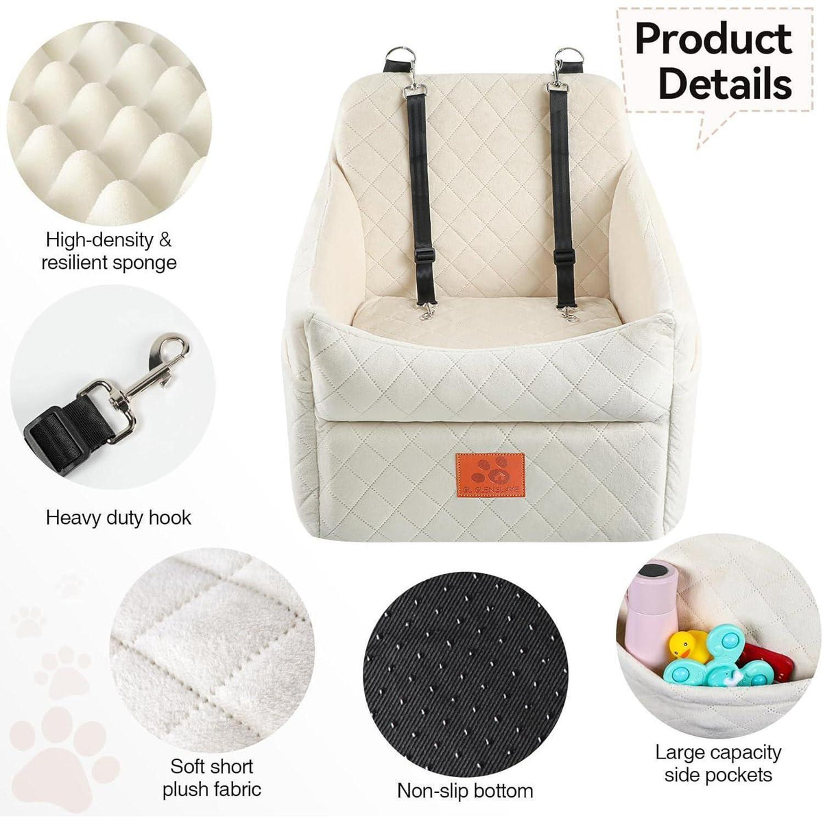 Hunde-Autositz gepolstert – Komfortabel & Waschbar (Weiß/Beige)