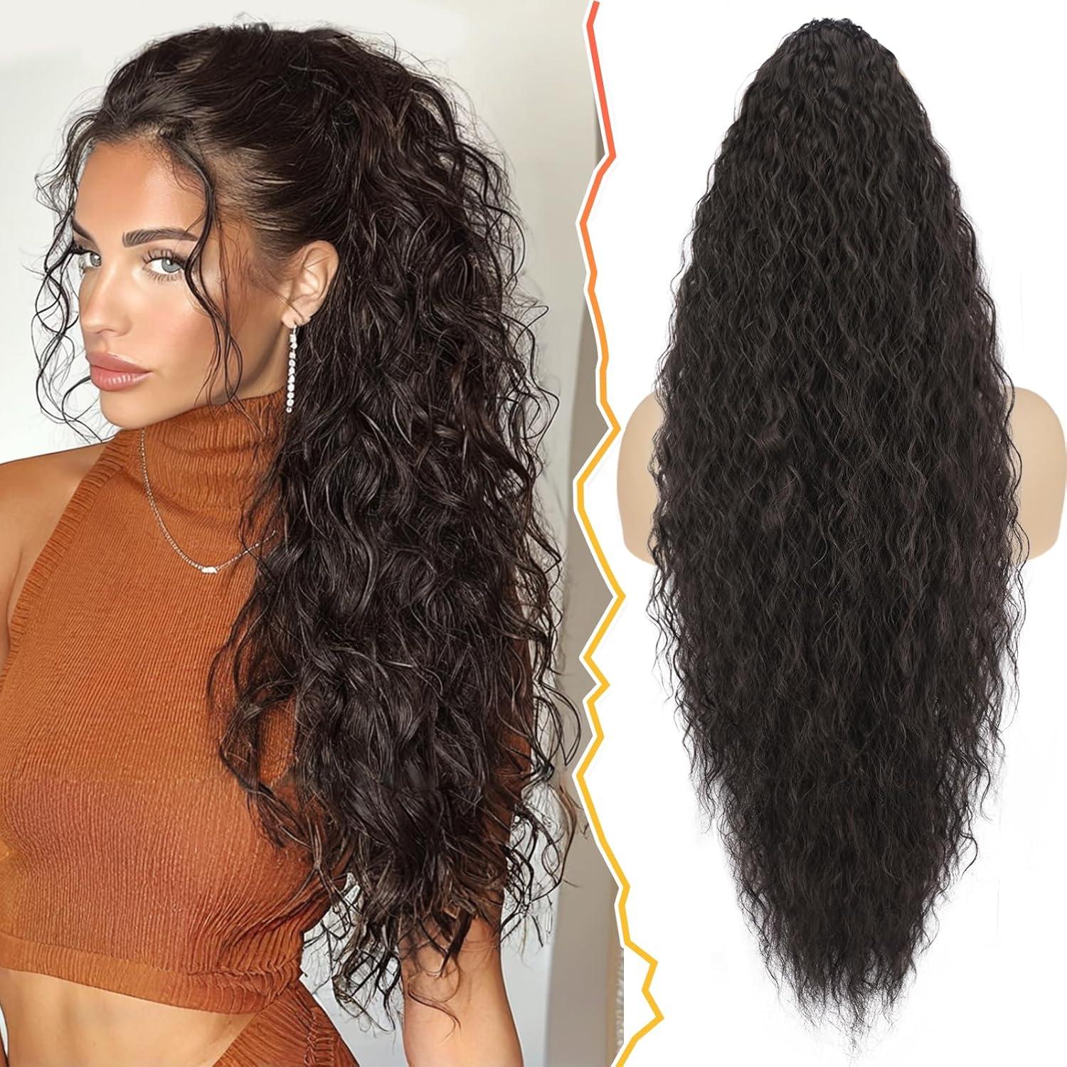 Lockiger Pferdeschwanz Haarverlängerung Dunkles Schokoladenbraun 76cm