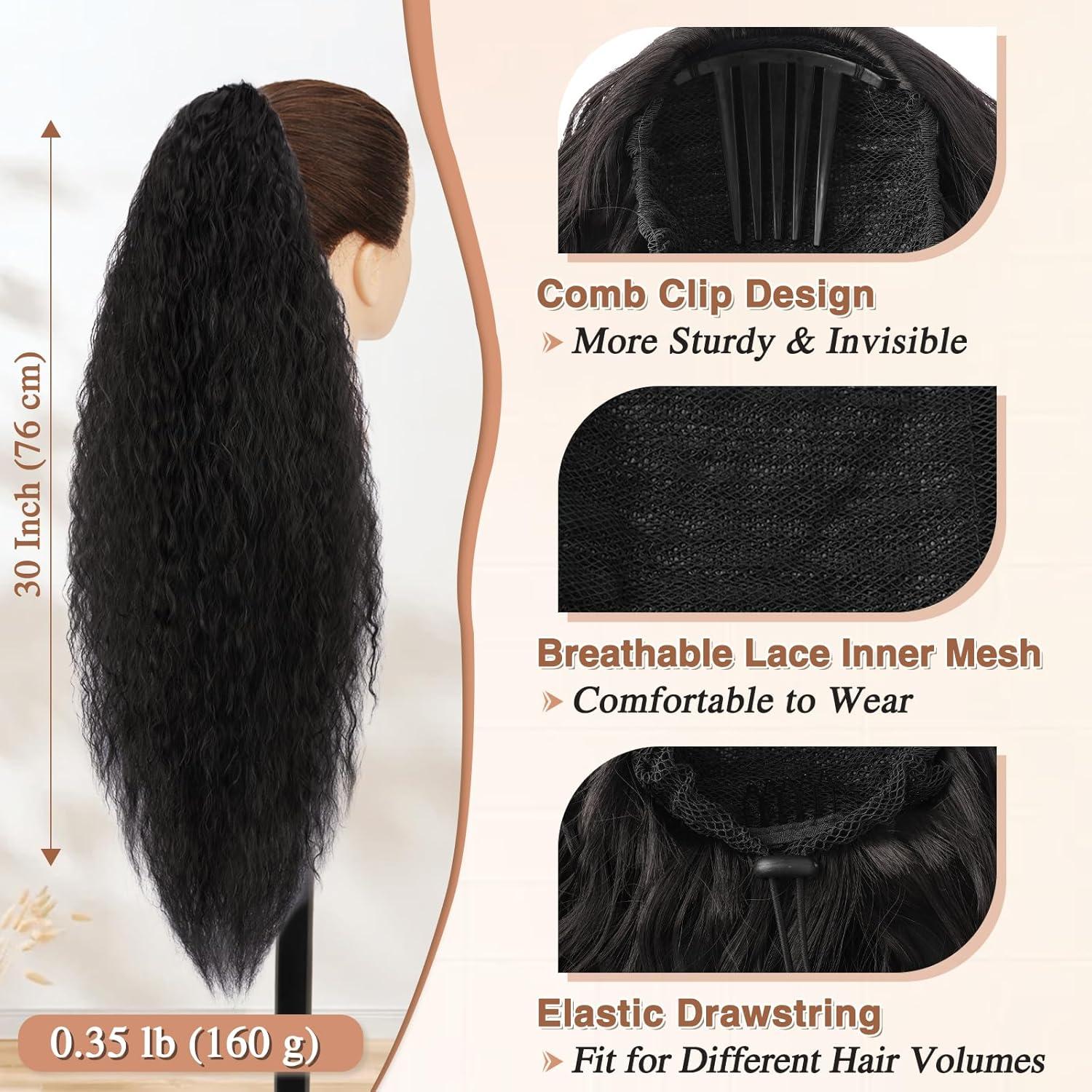 Lockige Ponytail Extension mit Kordelzug, 76cm Schwarz Braun