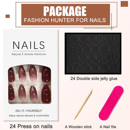 24 Mandel Nägel Aufkleben Rot Blumen French Press on Nails