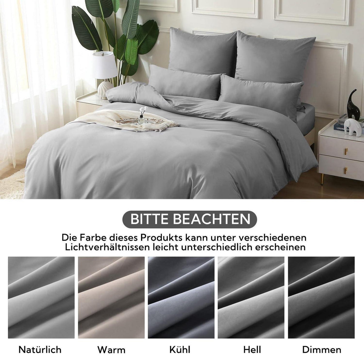 Satin Bettwäsche Set 135x200 Baumwolle Hellgrau 4tlg.