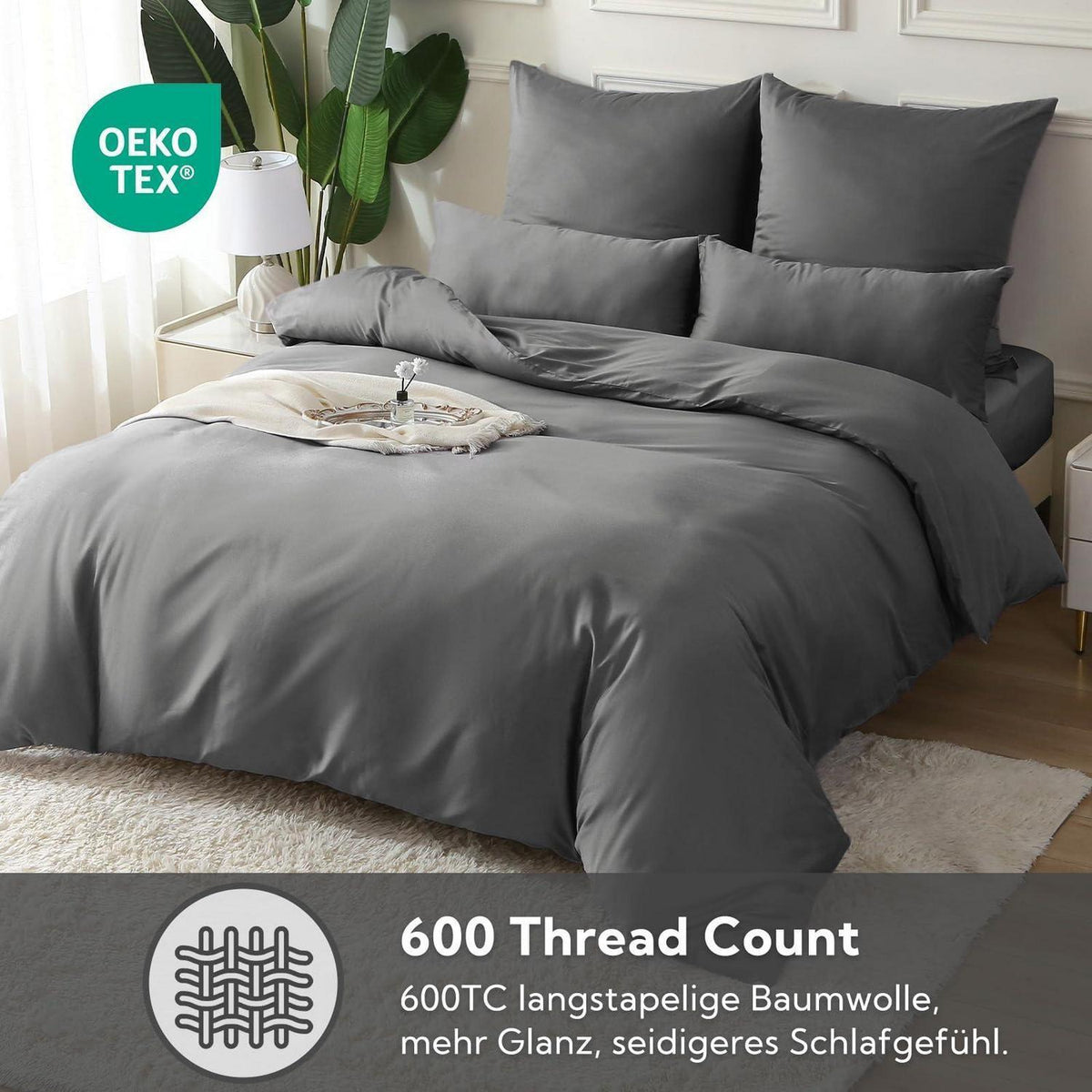 Satin Bettwäsche Set 135x200, 4-teilig, Kohlegrau
