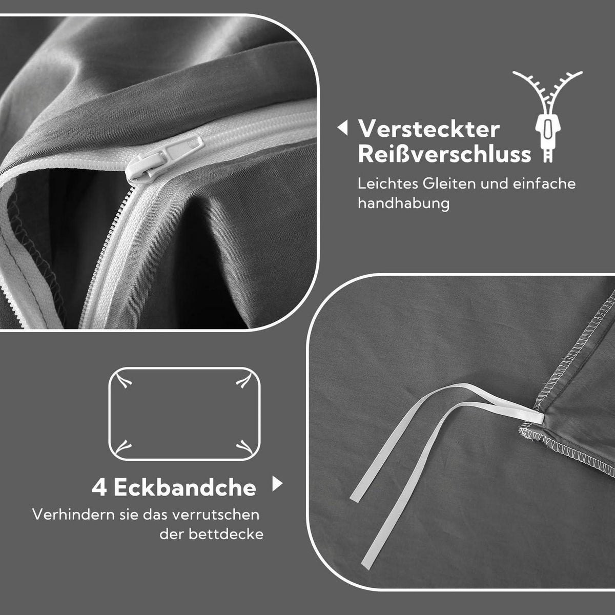 Satin Bettwäsche Set 135x200, 4-teilig, Kohlegrau