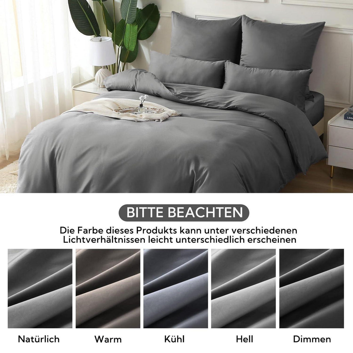 Satin Bettwäsche Set 220x240 Baumwolle Kühlend Kohlegrau