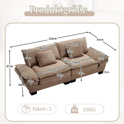Modernes 2-Sitzer Sofa mit Polsterarmlehnen & Beinen (Khaki)