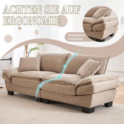 Modernes 2-Sitzer Sofa mit Polsterarmlehnen & Beinen (Khaki)