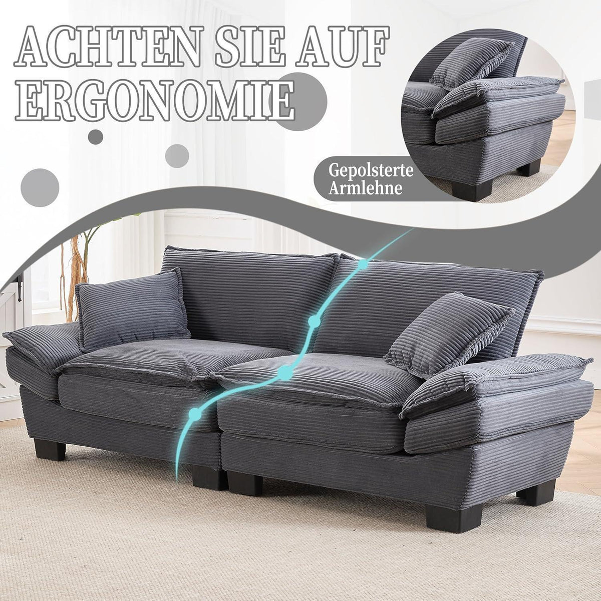 Modernes 2-Sitzer Polstersofa Dunkel Grau mit Komfort Armlehnen