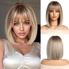 Ombre Blonde Damen Perücke mit Pony Bob Gerade Synthetisches Haar