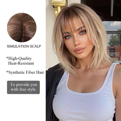 Ombre Blonde Damen Perücke mit Pony Bob Gerade Synthetisches Haar