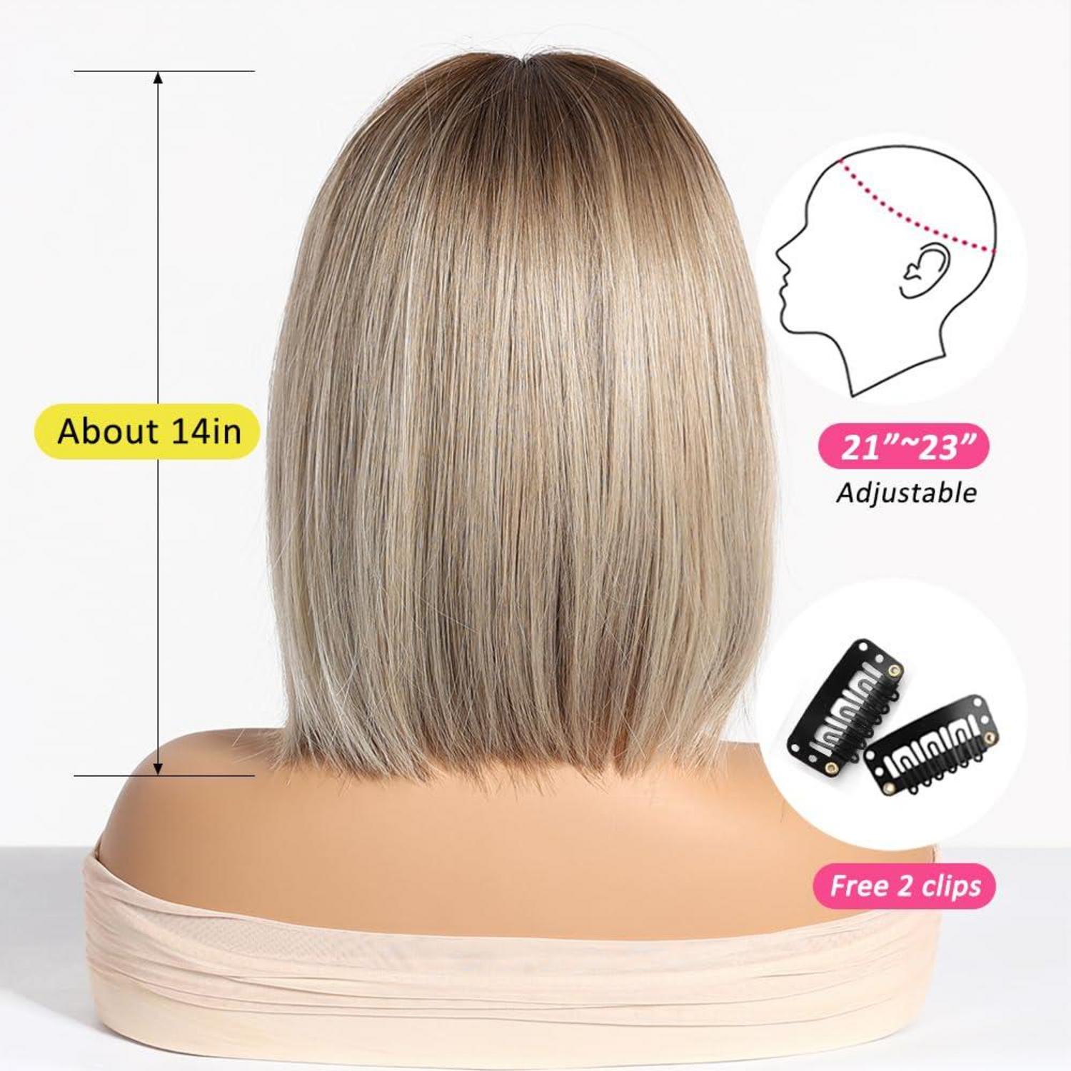 Ombre Blonde Perücke Damen mit Pony Bob Gerade Synthetisches Haar für Party Cosplay