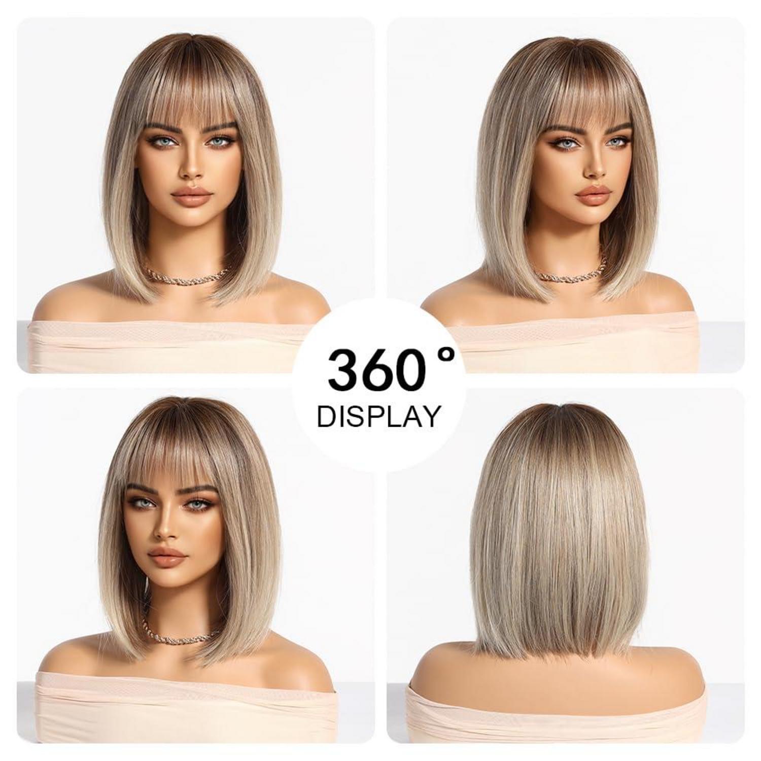 Ombre Blonde Perücke Damen mit Pony Kurzer Bob Synthetisches Haar Party Cosplay