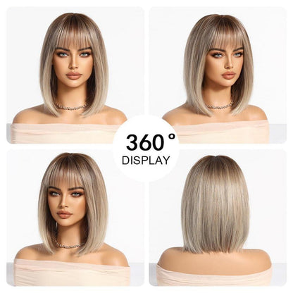 Ombre Blonde Perücke Damen mit Pony Kurzer Bob Synthetisches Haar Party Cosplay