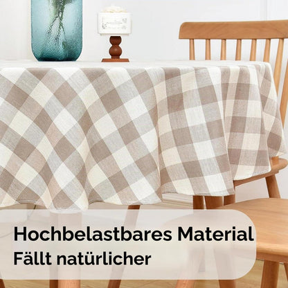 Runde Tischdecke Beige Kariert Ø135cm – Abwaschbar & Leinenoptik
