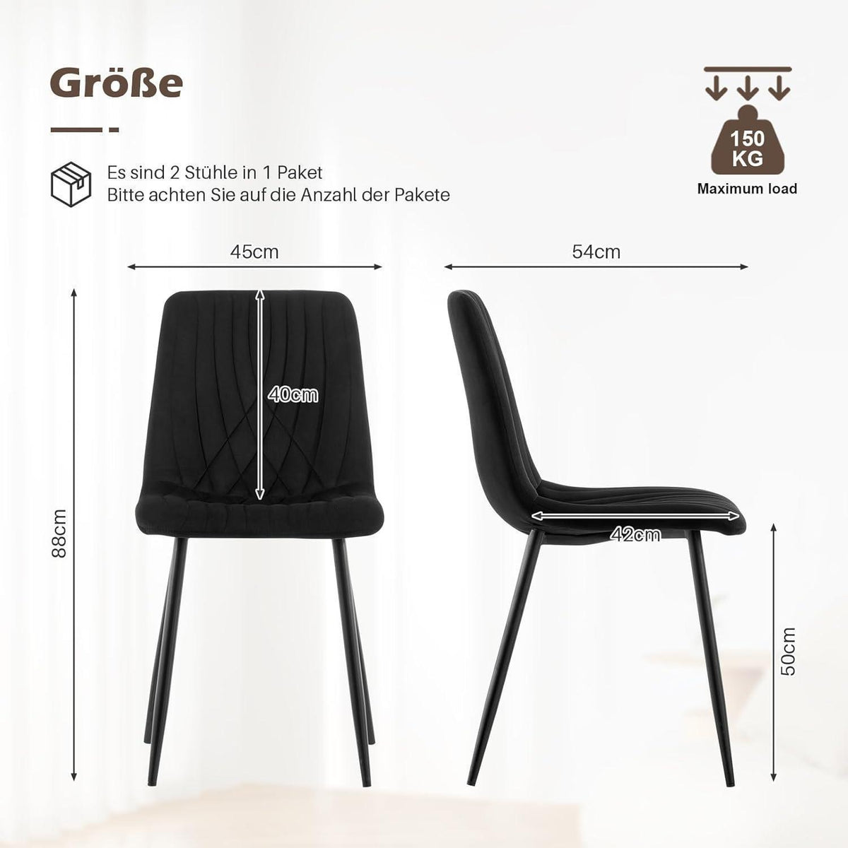 Samt Esszimmerstühle 2er-Set, Ergonomisch & Modern Schwarz