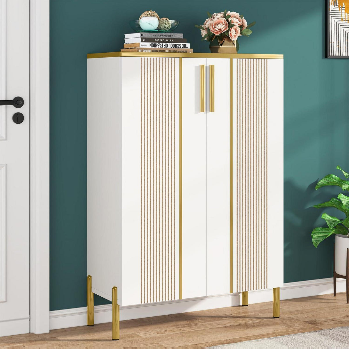 Schuhschrank mit Türen & verstellbaren Regalen – Weiß & Gold