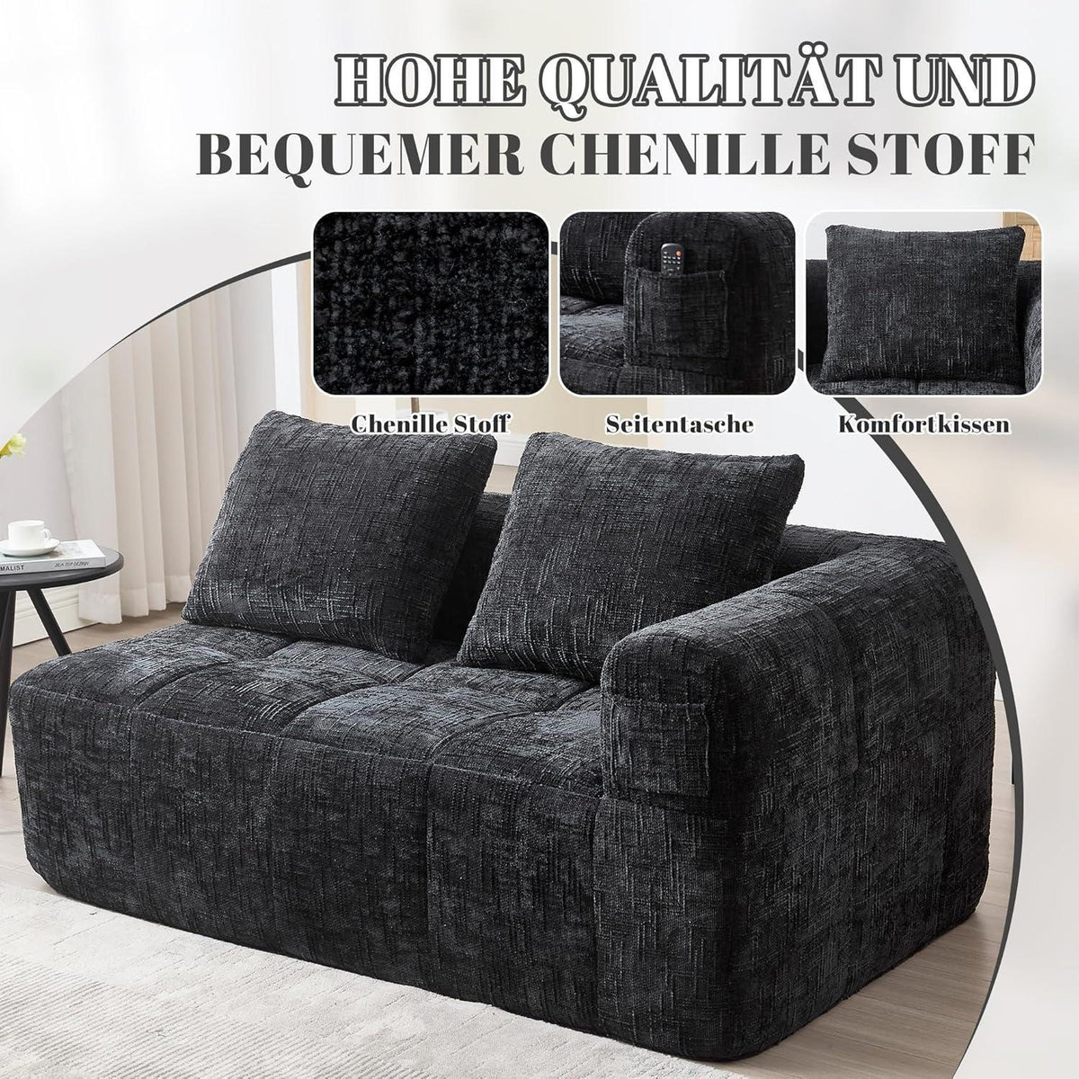 Modernes 2-Sitzer Polstersofa mit Chaise Lounge (Schwarz B)