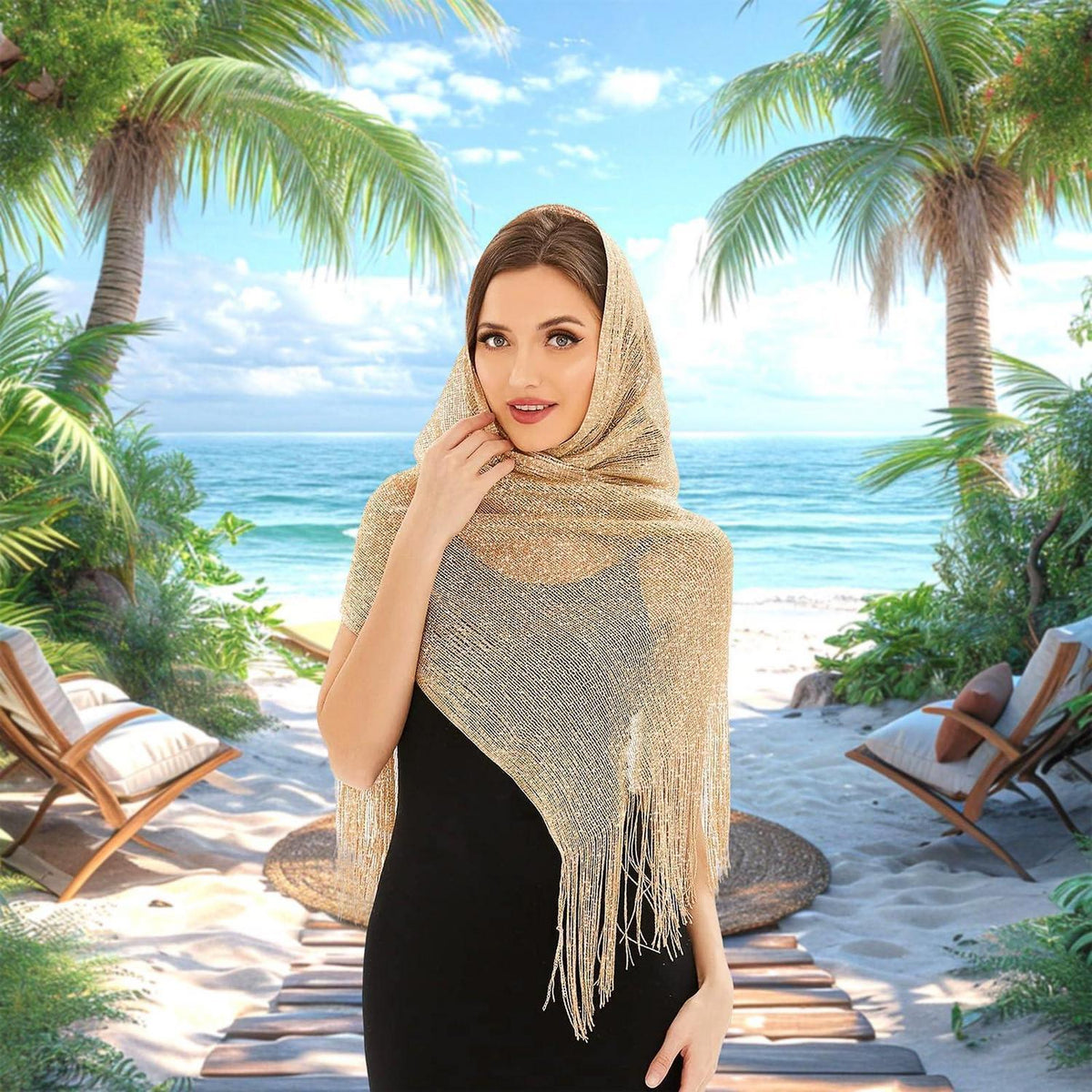 Glitzer Stola Damen mit Schnalle, Abendkleid Schal Gold