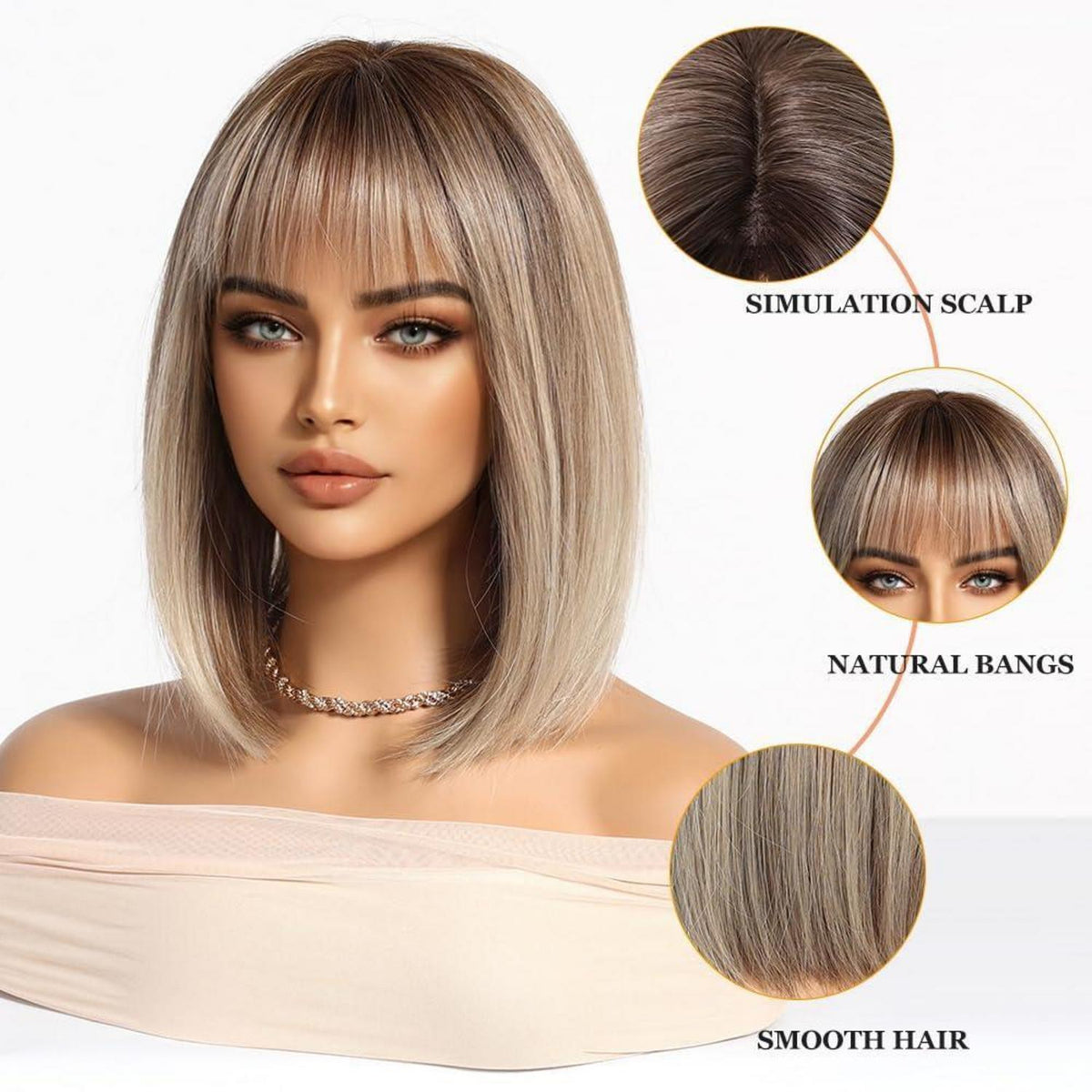 Blonde Bob Perücke mit Fransen – Schulterlang, Synthetisch Ombre
