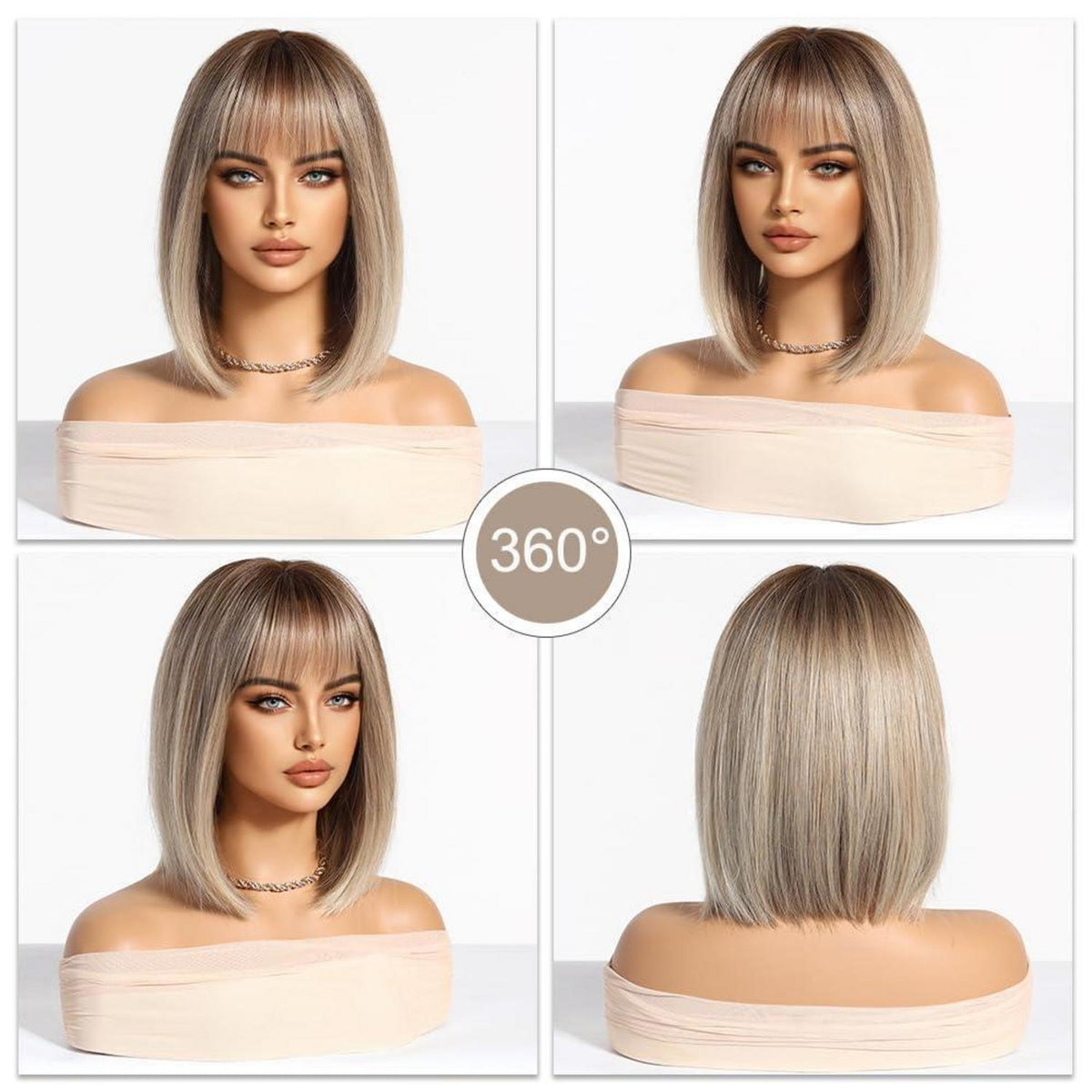 Blonde Bob Perücke mit Fransen – Schulterlang, Synthetisch Ombre