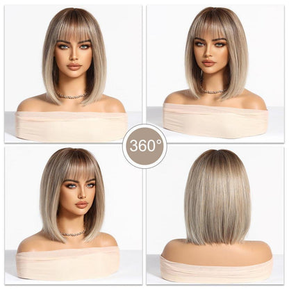 Blonde Bob Perücke mit Fransen – Schulterlang, Synthetisch Ombre