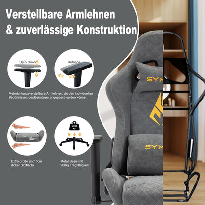 Gaming Stuhl Vintage-PU-Leder Rennstuhl Design mit Fußstütze Grau