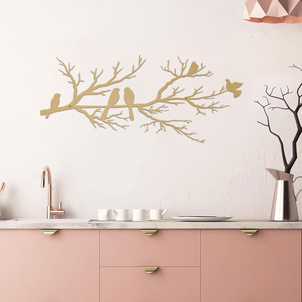 Metall Wanddeko Vögel auf Ast – Wandskulptur Gold Groß