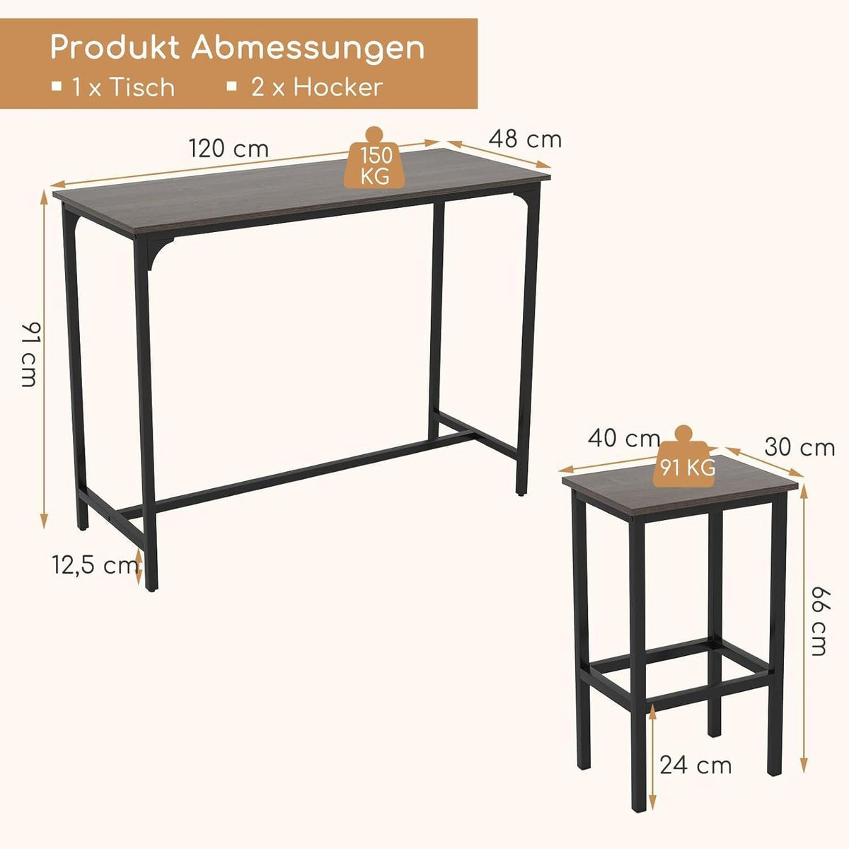 RELAX4LIFE Bartisch-Set mit Barhockern – Industrie-Design Grau