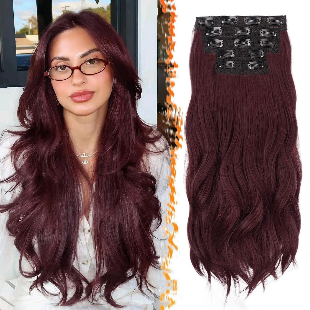 Rote Clip-In Haarverlängerungen 50cm Wellig