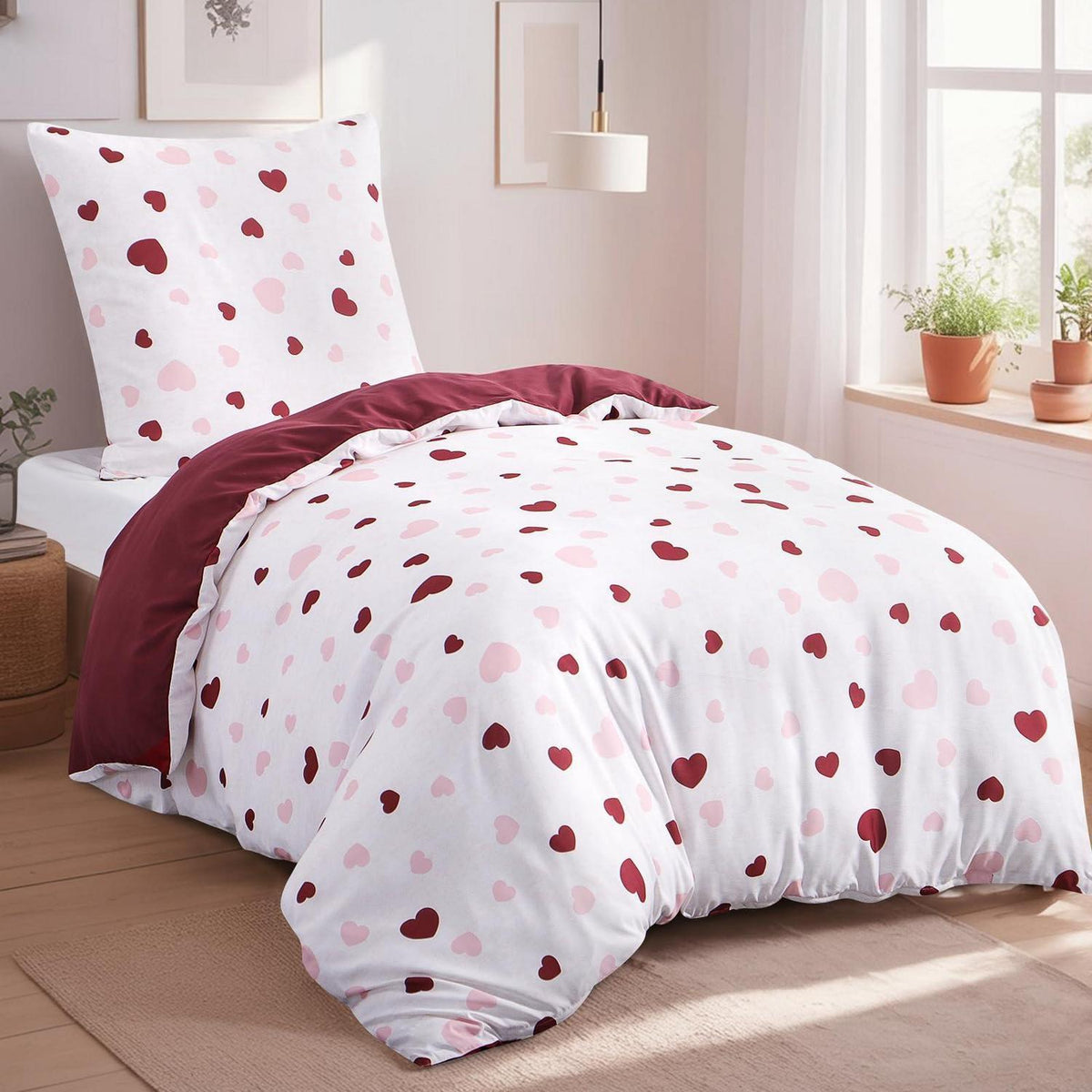 Bettwäsche-Set 155x220 Herzen Rosa Rot mit Kissenbezug