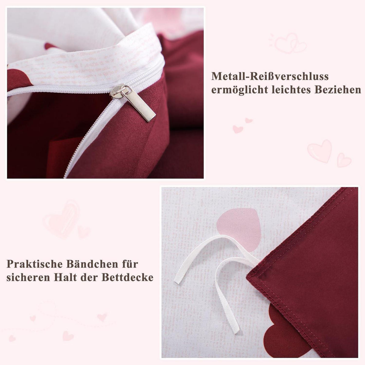 Bettwäsche-Set 155x220 Herzen Rosa Rot mit Kissenbezug