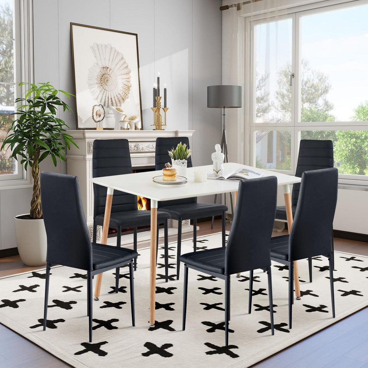 Essgruppen Set: Esstisch 110cm & 6 Esszimmerstühle Weiß/Schwarz