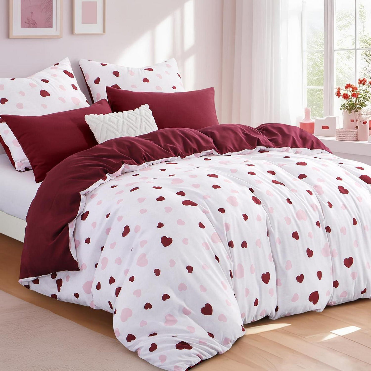 Bettwäsche-Set 220x240 Herzen Rot Rosa - 3-teilig Mikrofaser
