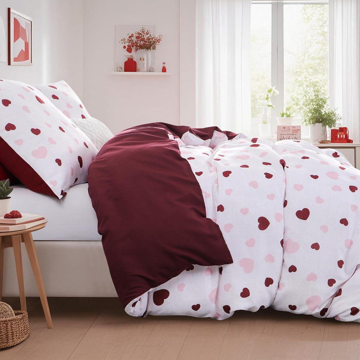 Bettwäsche-Set 220x240 Herzen Rot Rosa - 3-teilig Mikrofaser