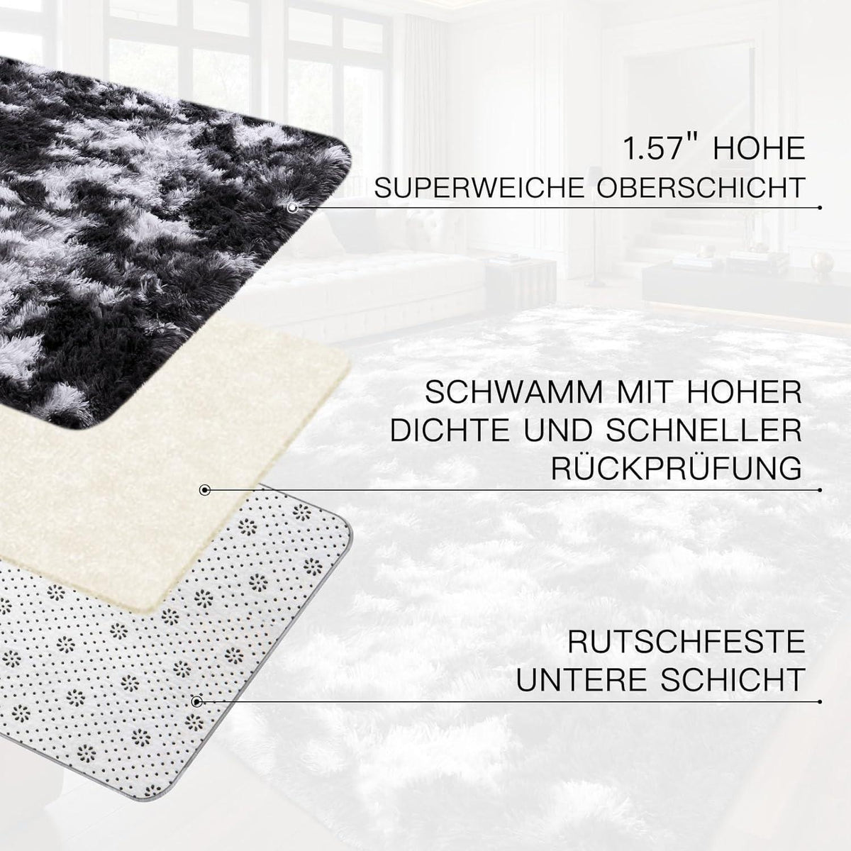 Hochflor Teppich Grau 200x300 - Waschbar & Rutschfest