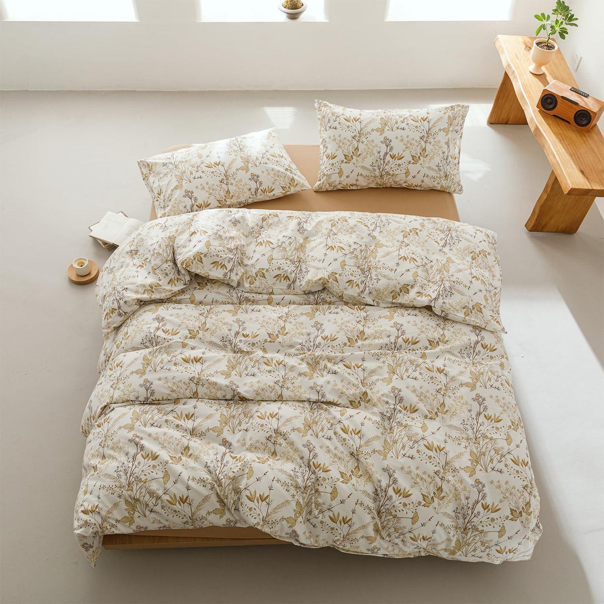 Bettwäsche-Set 135x200 cm Beige Baumwolle Ahornblatt Blumenmuster