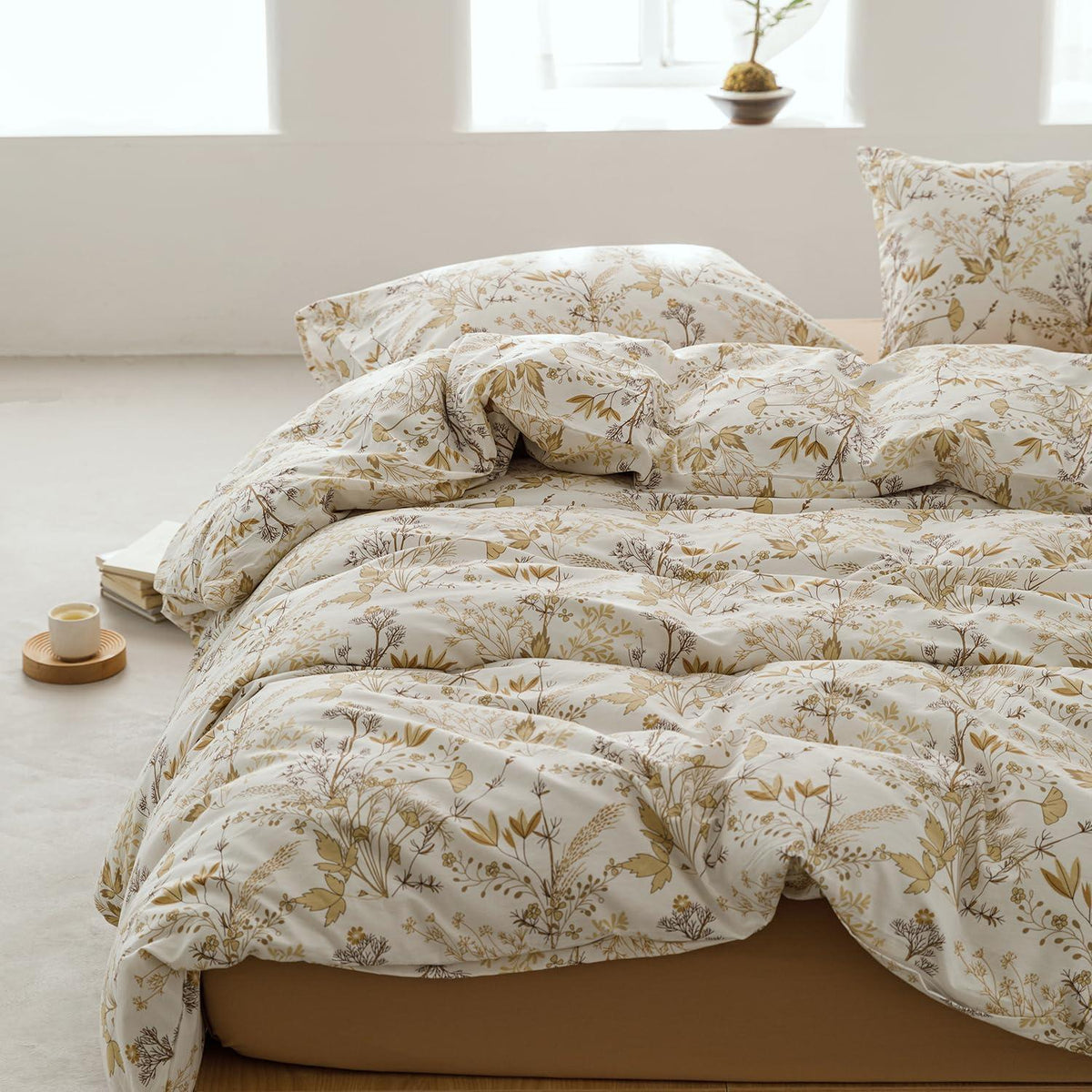 Bettwäsche-Set 135x200 cm Beige Baumwolle Ahornblatt Blumenmuster