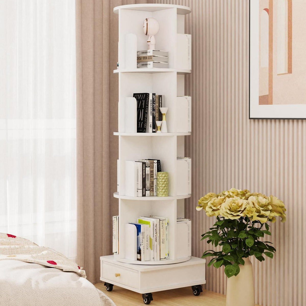 Drehbares Bücherregal mit Schubladen, 4 Böden, Weiß