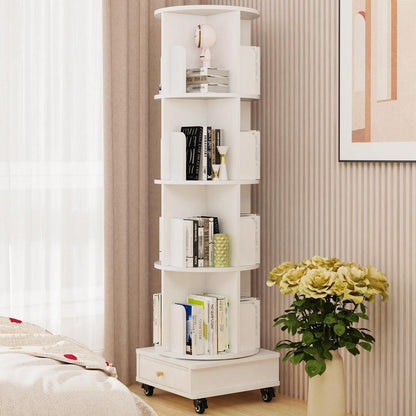 Drehbares Bücherregal mit Schubladen, 4 Böden, Weiß