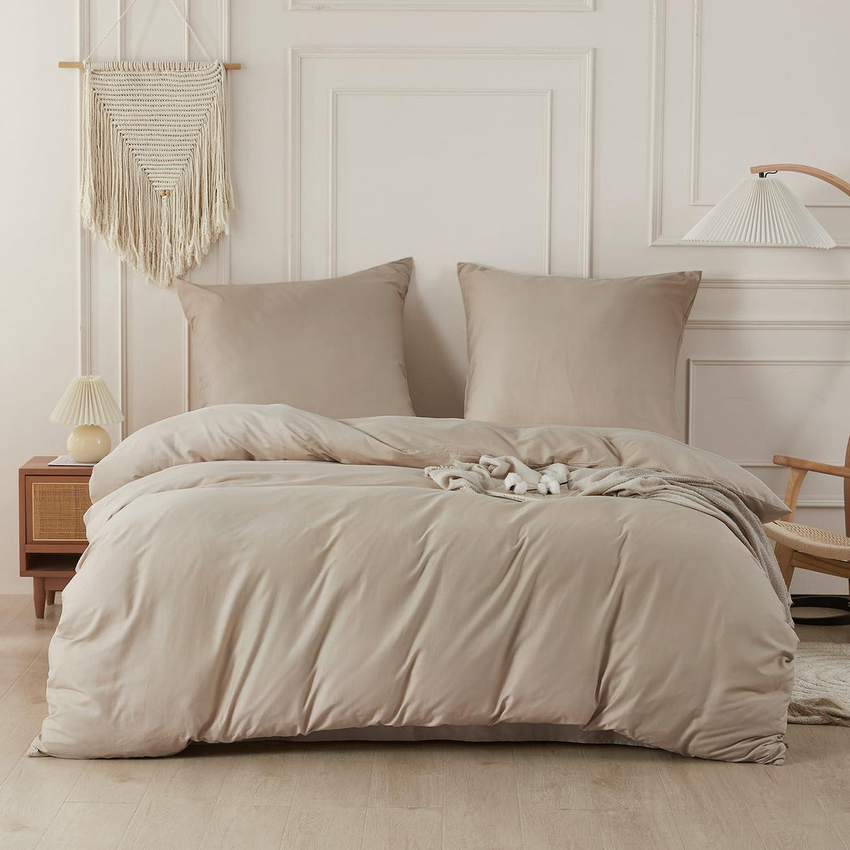 Baumwoll Bettwäsche Set 200x220 Beige, 3-teilig mit Kissenbezügen