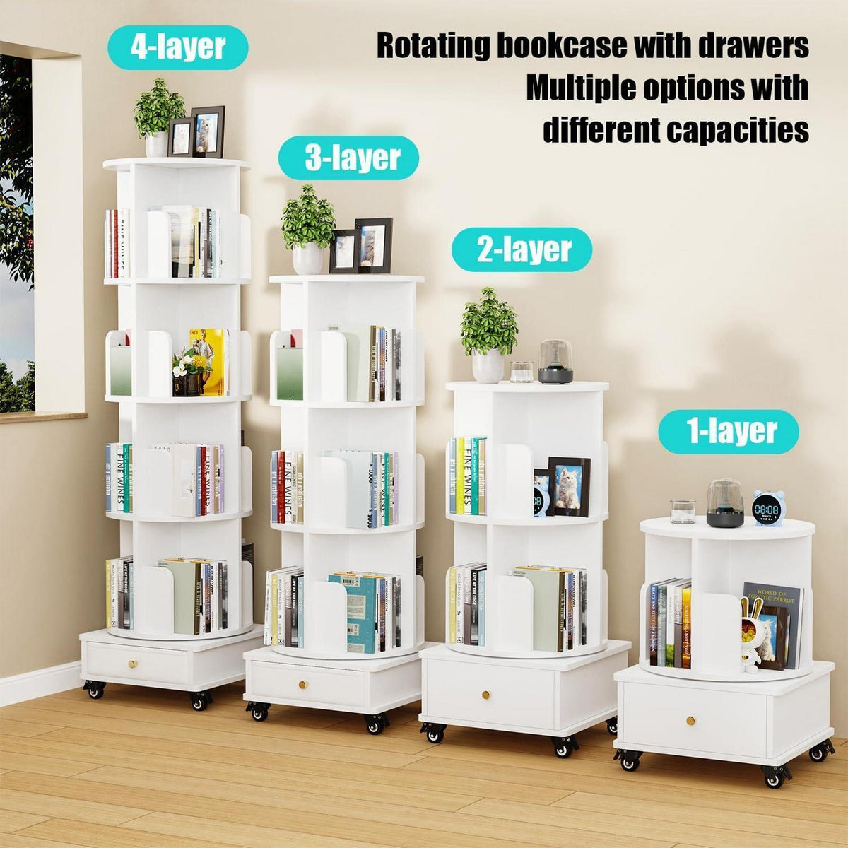 Drehbares Bücherregal mit Schubladen, 2 Böden, Weiß